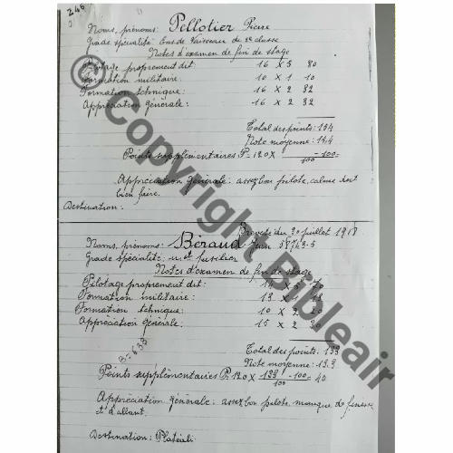 BREVET PILOTE HYDRAVION No657 BERAUD JEAN BREVET PAPIER No 638 30.07.1918  RELEVE DE NOTES Src.G.COTTAREL Petit fils 